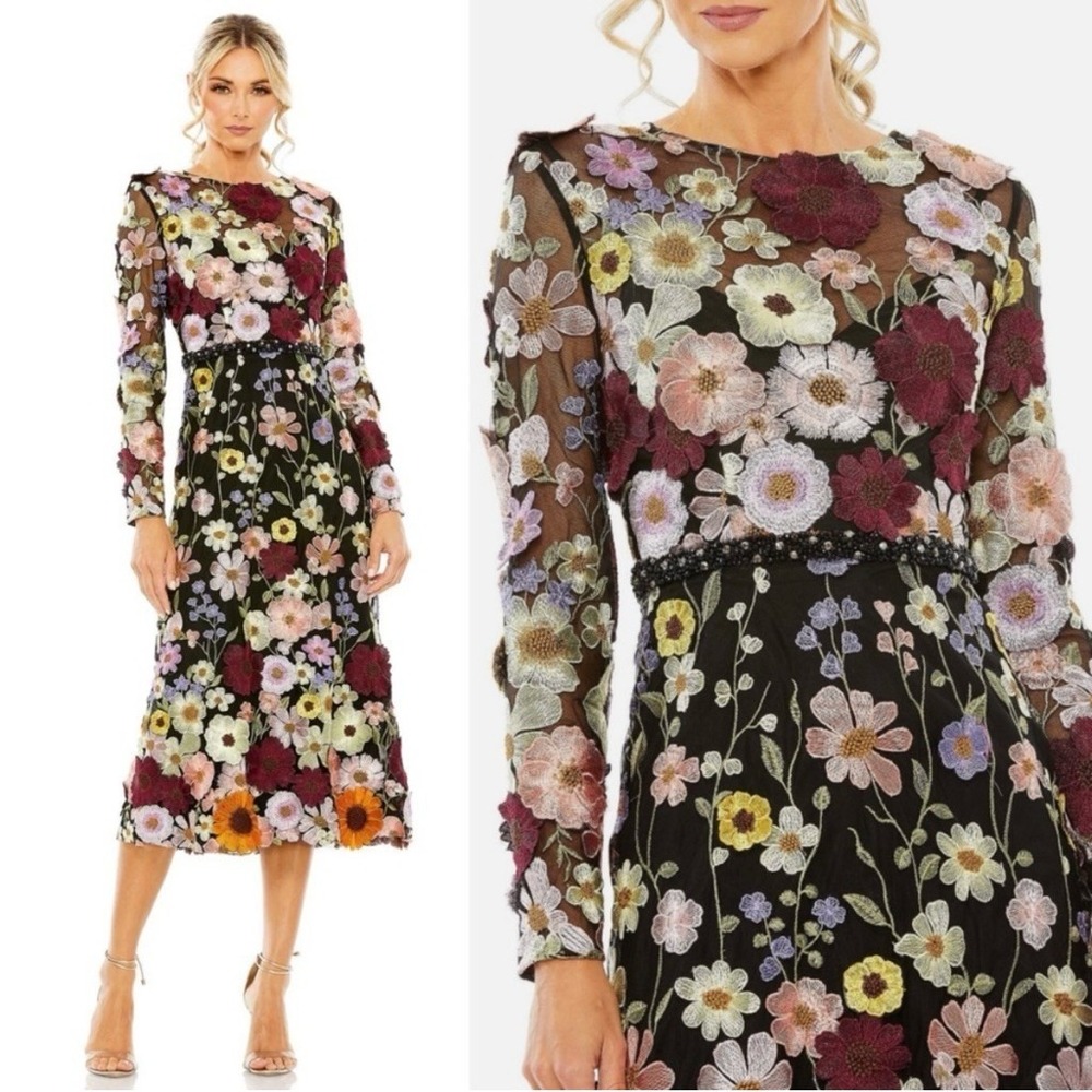Mac Duggal Floral Embroidered Long Sleeve Cocktail Dress In Multi 4/6 #D7704